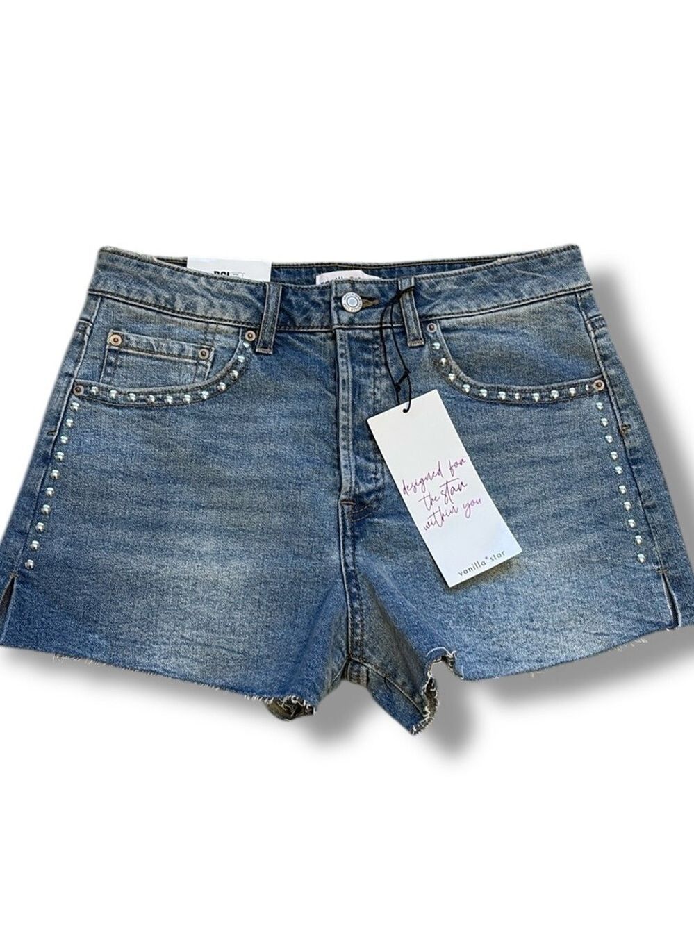 Vanilla Star Denim Shorts Studded High Rise Frayed Hem Size 5 New